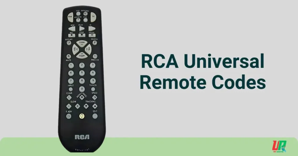 A collection of RCA universal remote codes with a programming guide placed beside a remote control and a TV setup, illustrating device pairing.