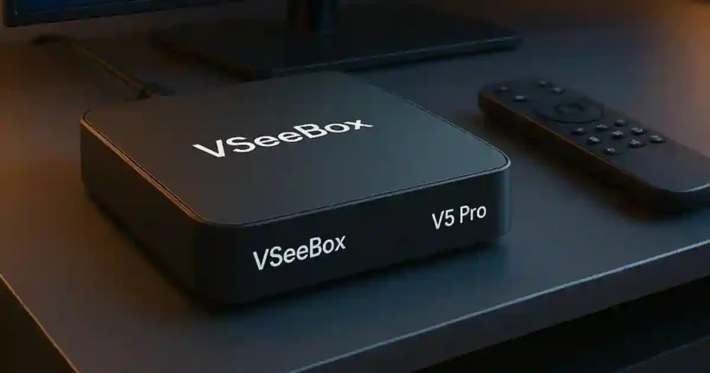 Detailed view of VSeeBox V5 Pro channel categories including movies, news, and sports