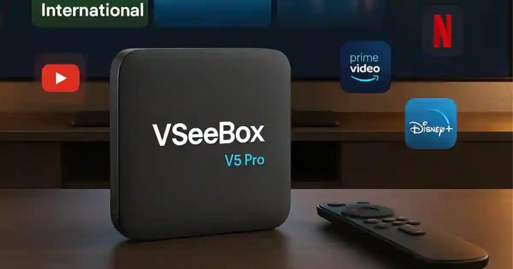VSeeBox V5 Pro connected to a TV showing live channel list for 2025