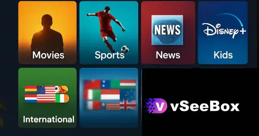 VSeeBox Channel List 2025 showing free live TV, sports, movies, and international content